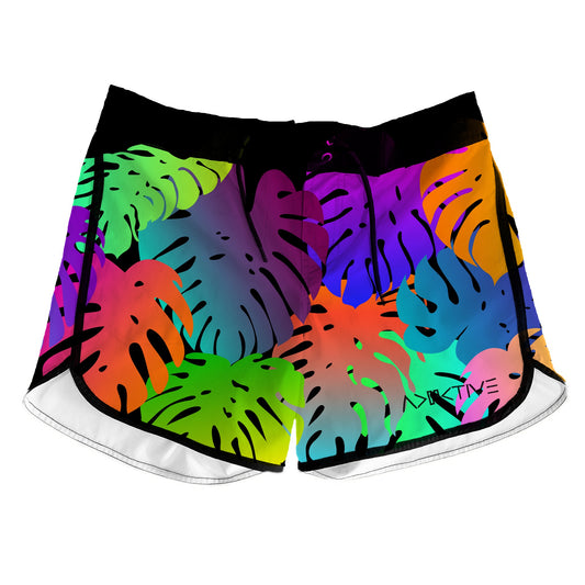 4 way stretch high performance womens boardshort Rainbow Monstera